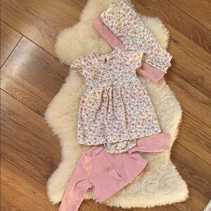 Floral Dress with Pink Leggings and Cardigan